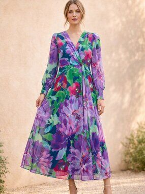 London Times Blue Orchid Floral Maxi Dress L NWT Wedding Guest Mesh